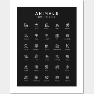 Japanese Animal Chart - Animal Kanji Learning Chart - Black Posters and Art